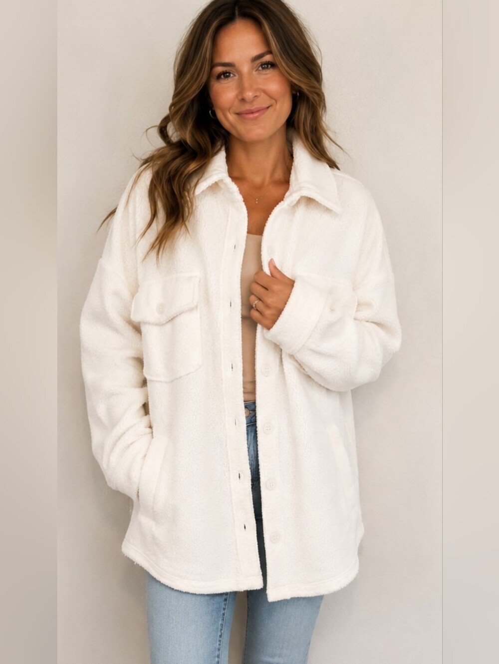 Lou & Grey Cozy Sherpa Fleece Shacket Oversized Button Front Jacket Minimalist